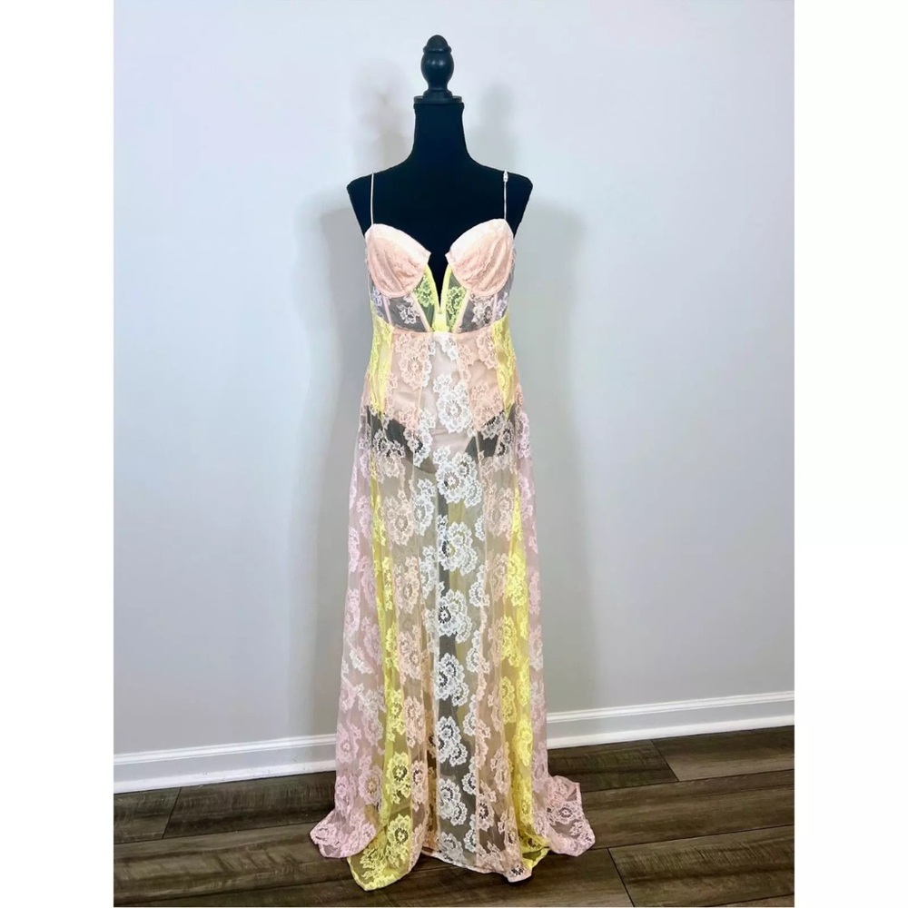 For Love & Lemons Sheer Lace Maxi Dress in Pink and Yellow - Picture 9 of 12